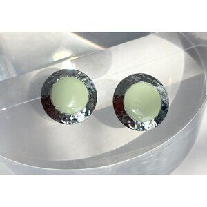 Vintage Silver & Green Toned Hammered Round 80's Statement Retro Studs